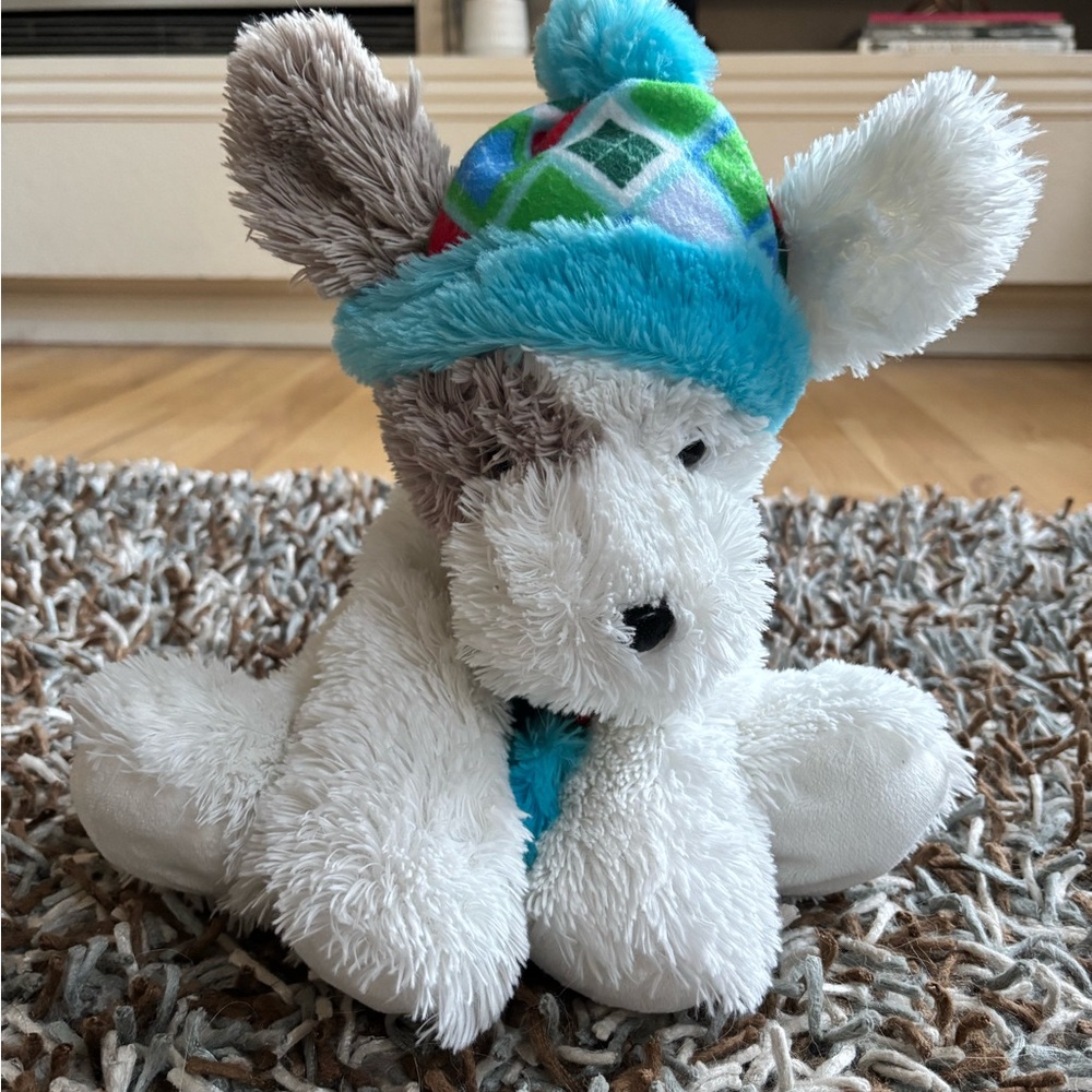 HUGFUN INTERNATIONAL Plush White Puppy with Blue Pom Pom Hat